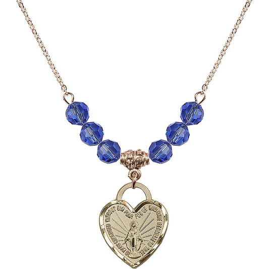 14kt Gold Filled Miraculous Heart Birthstone Necklace with Sapphire Beads - 3201