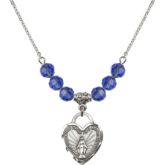 Sterling Silver Miraculous Heart Birthstone Necklace with Sapphire Beads - 3201