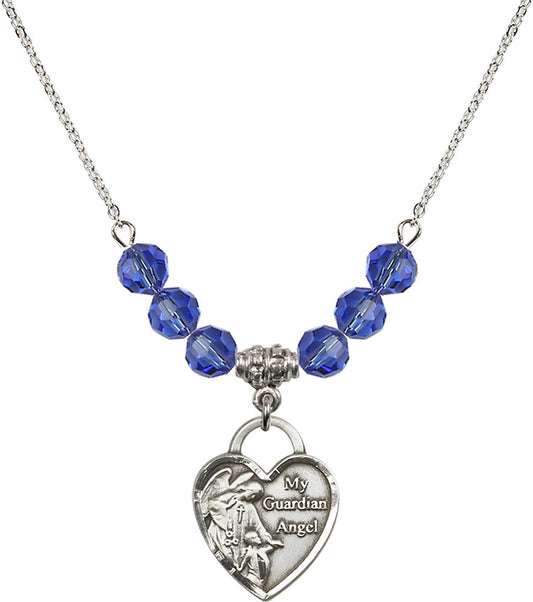 Sterling Silver Guardian Angel Heart Birthstone Necklace with Sapphire Beads - 3202