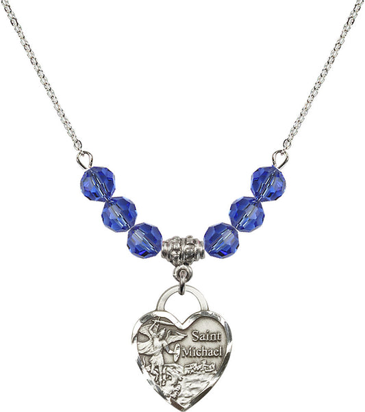 Sterling Silver Saint Michael the Archangel Birthstone Necklace with Sapphire Beads - 3203
