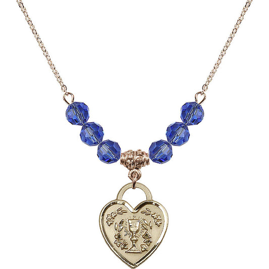 14kt Gold Filled Communion Heart Birthstone Necklace with Sapphire Beads - 3204