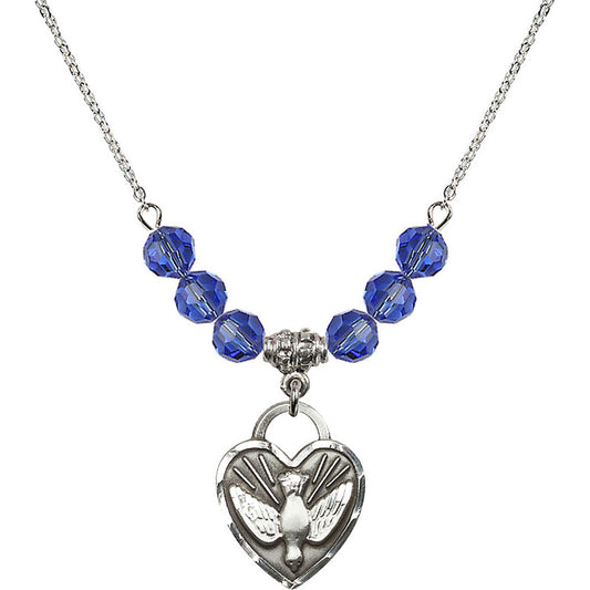 Sterling Silver Confirmation Heart Birthstone Necklace with Sapphire Beads - 3205