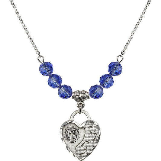Sterling Silver Footprints Heart Birthstone Necklace with Sapphire Beads - 3207