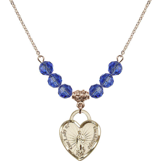 14kt Gold Filled Our Lady of Guadalupe Heart / Recuerdo Birthstone Necklace with Sapphire Beads - 3209