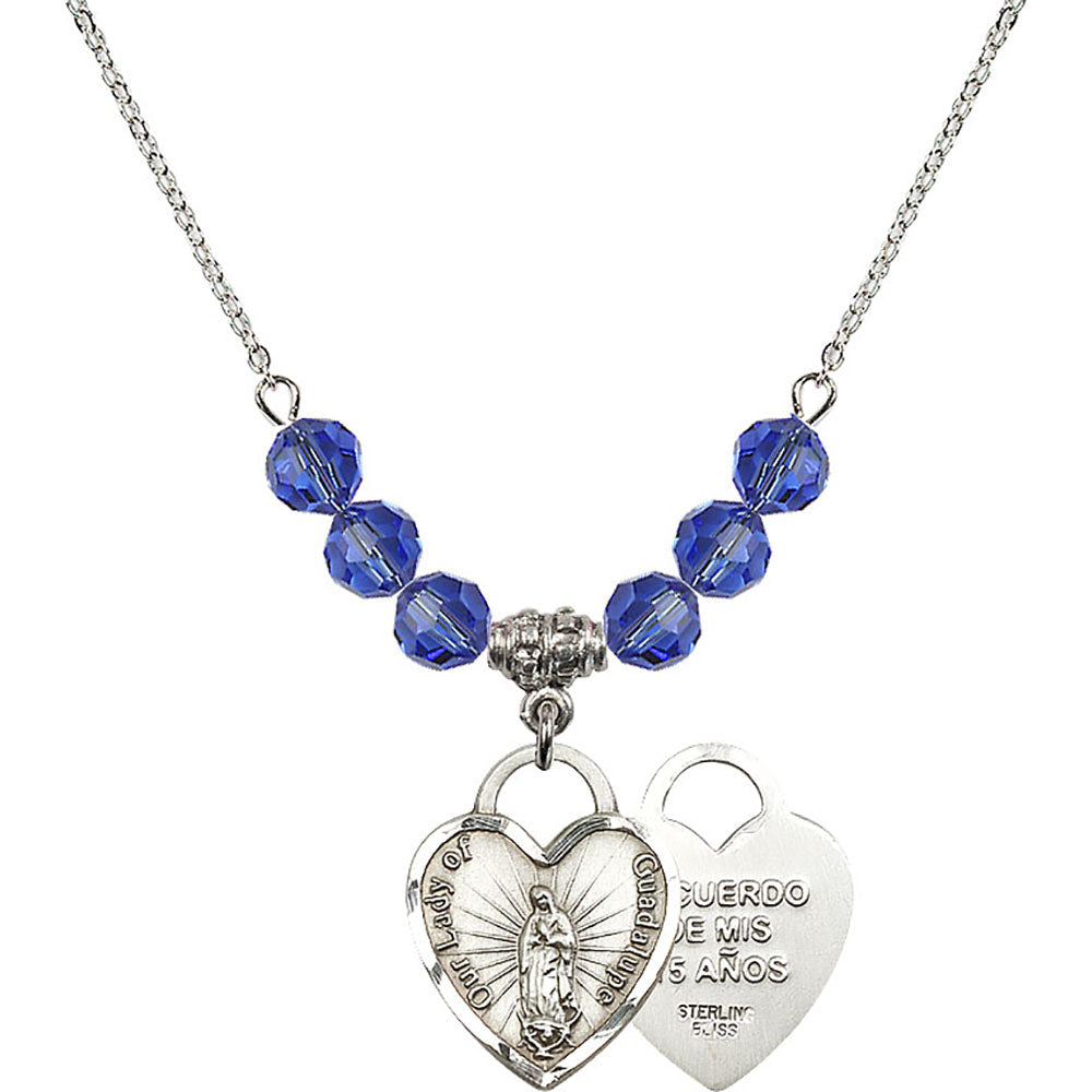Sterling Silver Our Lady of Guadalupe Heart / Recuerdo Birthstone Necklace with Sapphire Beads - 3209