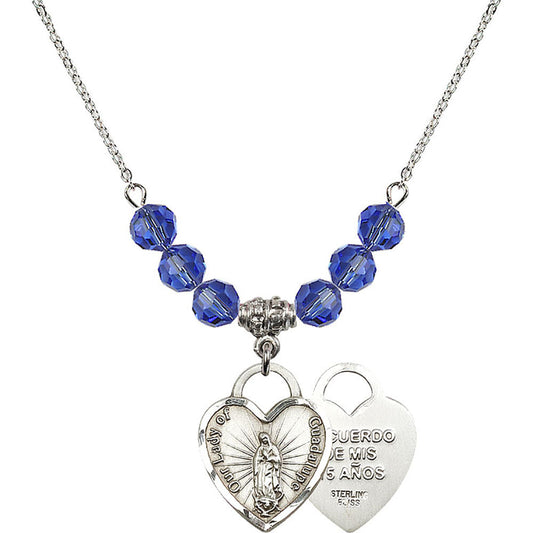 Sterling Silver Our Lady of Guadalupe Heart / Recuerdo Birthstone Necklace with Sapphire Beads - 3209