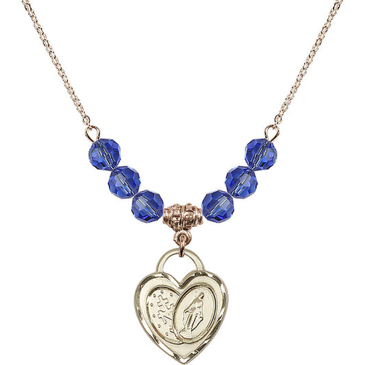 14kt Gold Filled Miraculous Heart Birthstone Necklace with Sapphire Beads - 3212