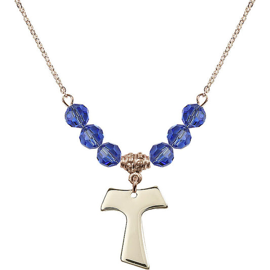 14kt Gold Filled Tau Cross Birthstone Necklace with Sapphire Beads - 3948