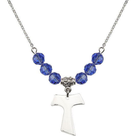Sterling Silver Tau Cross Birthstone Necklace with Sapphire Beads - 3948