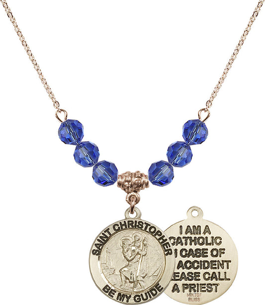 14kt Gold Filled Saint Christopher Birthstone Necklace with Sapphire Beads - 4049