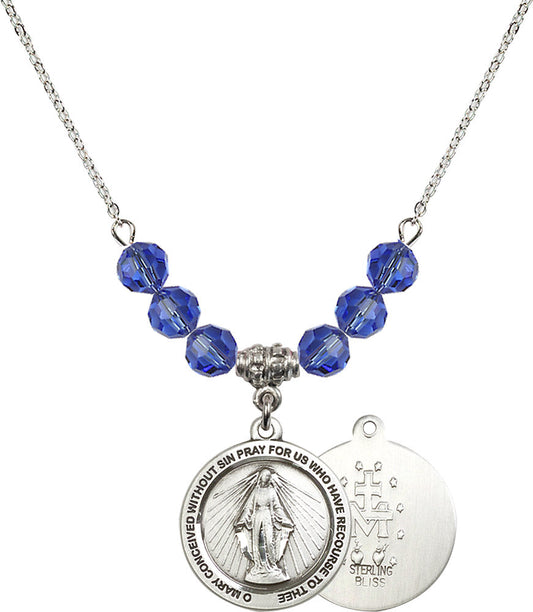 Sterling Silver Miraculous Birthstone Necklace with Sapphire Beads - 4056