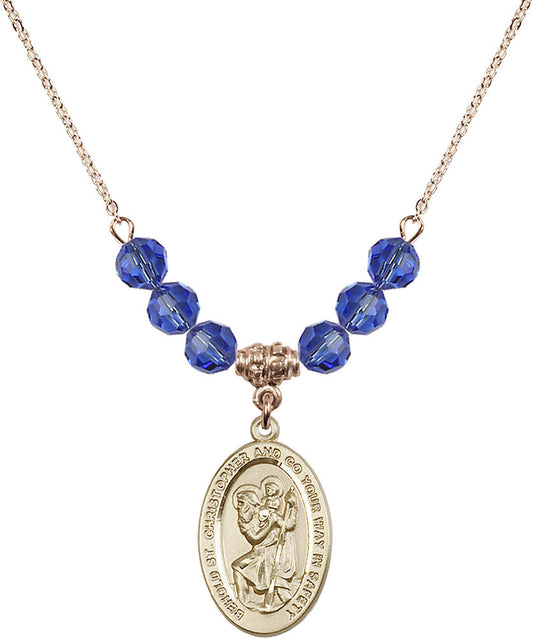 14kt Gold Filled Saint Christopher Birthstone Necklace with Sapphire Beads - 4123