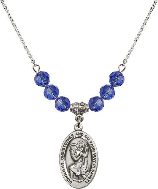 Sterling Silver Saint Christopher Birthstone Necklace with Sapphire Beads - 4123