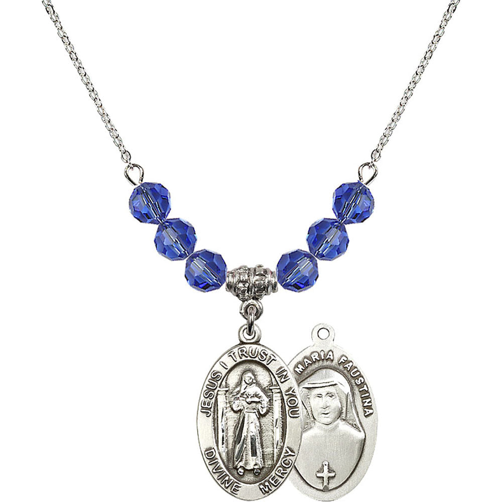 Sterling Silver Divine Mercy Birthstone Necklace with Sapphire Beads - 4123