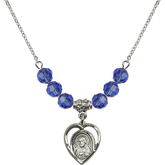 Sterling Silver Scapular Birthstone Necklace with Sapphire Beads - 4126