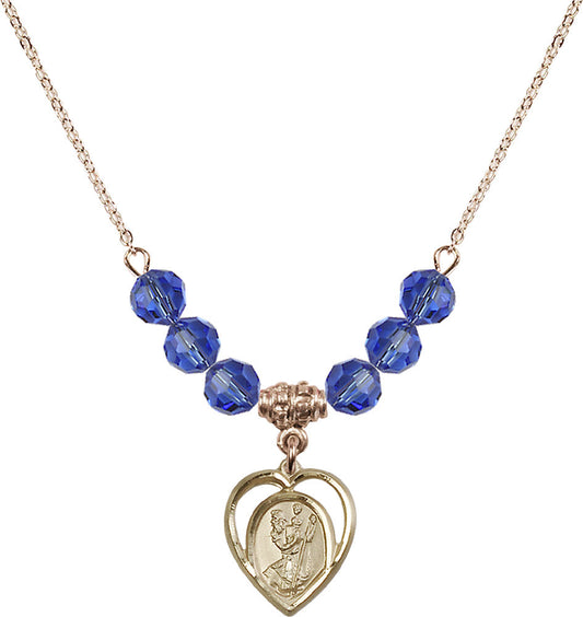 14kt Gold Filled Saint Christopher Birthstone Necklace with Sapphire Beads - 4127