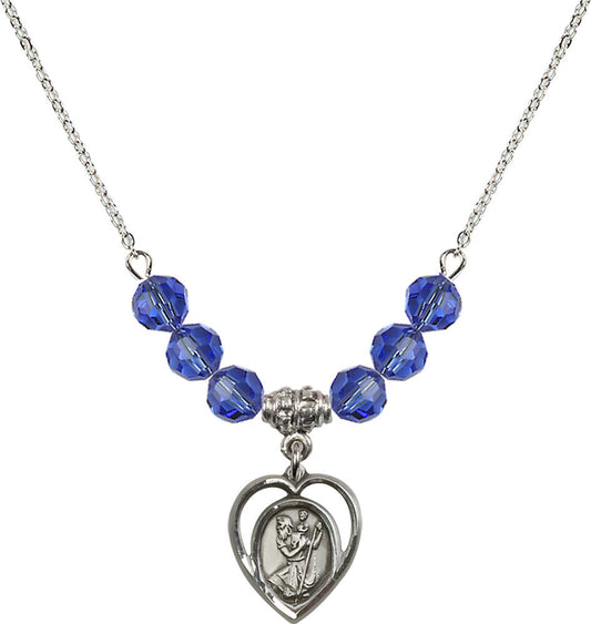 Sterling Silver Saint Christopher Birthstone Necklace with Sapphire Beads - 4127