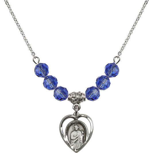 Sterling Silver Saint Jude Birthstone Necklace with Sapphire Beads - 4128