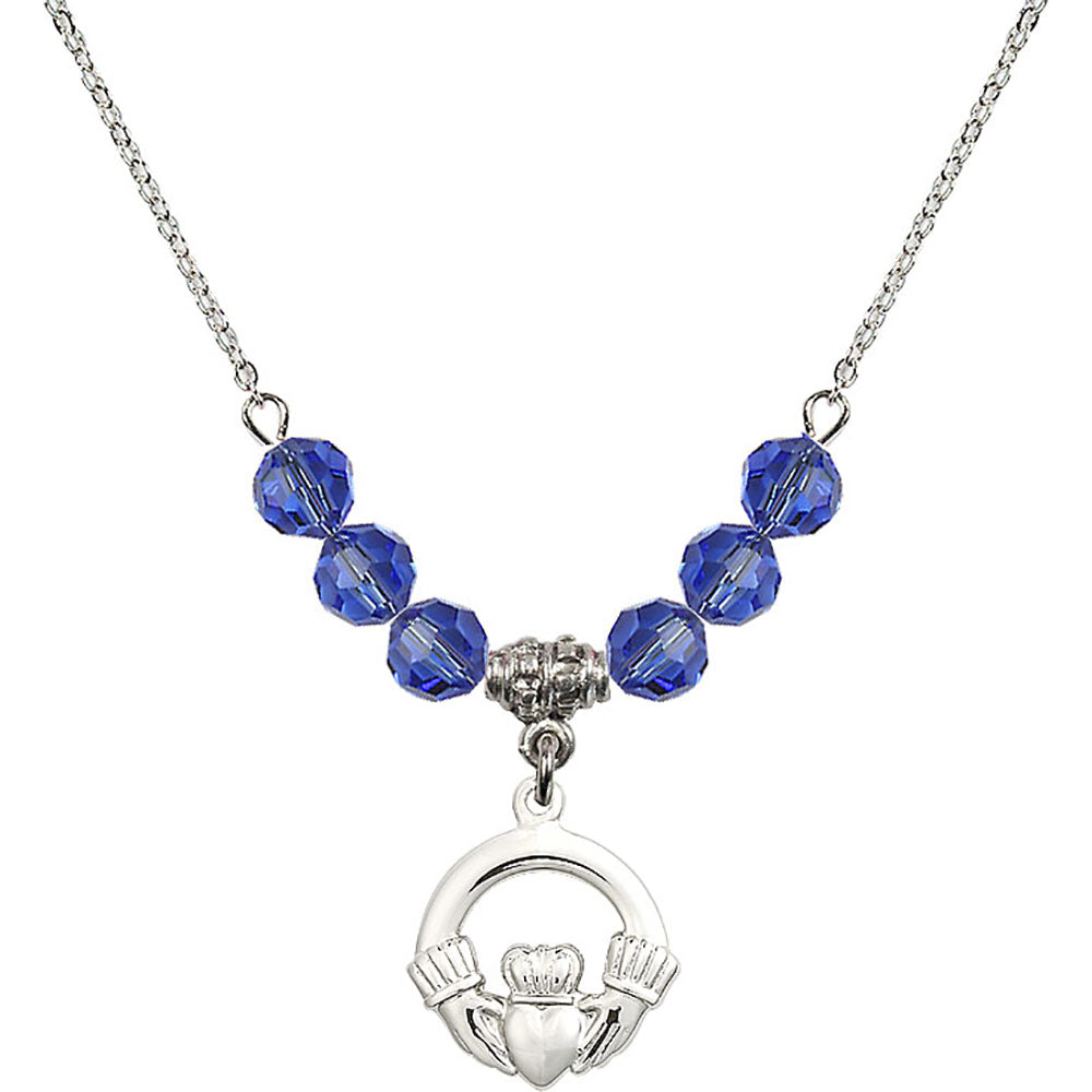Sterling Silver Claddagh Birthstone Necklace with Sapphire Beads - 4138