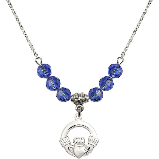 Sterling Silver Claddagh Birthstone Necklace with Sapphire Beads - 4138