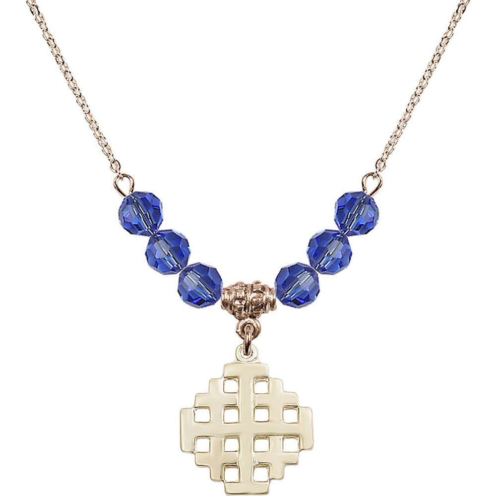 14kt Gold Filled Jerusalem Cross Birthstone Necklace with Sapphire Beads - 4139