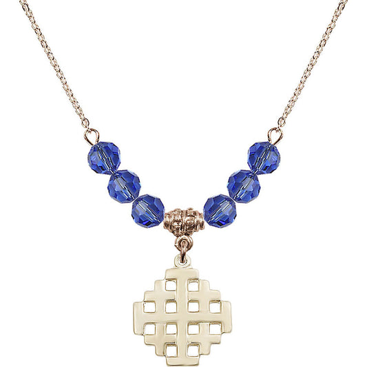 14kt Gold Filled Jerusalem Cross Birthstone Necklace with Sapphire Beads - 4139