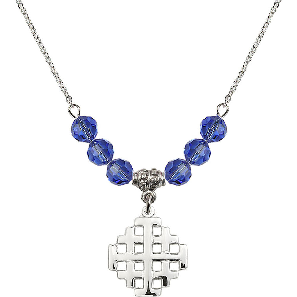 Sterling Silver Jerusalem Cross Birthstone Necklace with Sapphire Beads - 4139