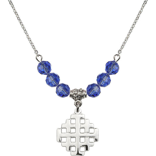 Sterling Silver Jerusalem Cross Birthstone Necklace with Sapphire Beads - 4139