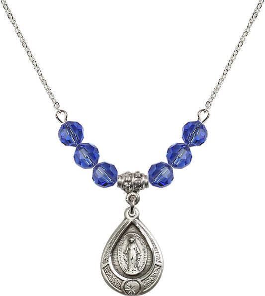 Sterling Silver Miraculous Birthstone Necklace with Sapphire Beads - 4144