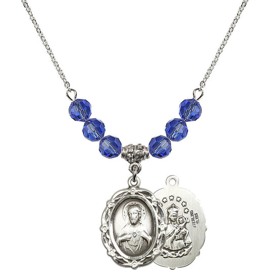 Sterling Silver Scapular Birthstone Necklace with Sapphire Beads - 4146