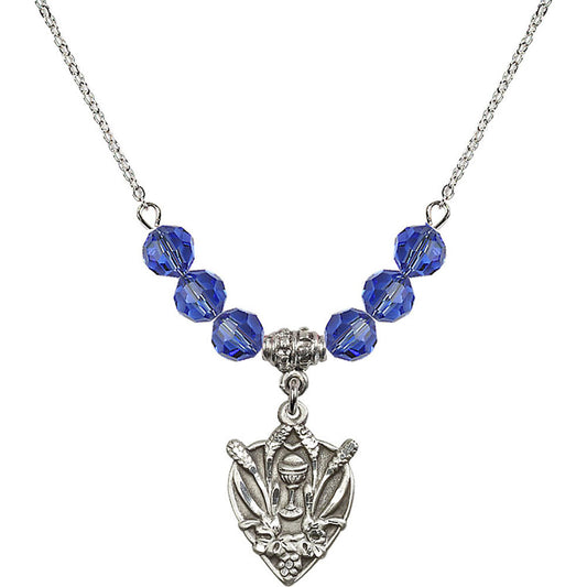 Sterling Silver Communion Birthstone Necklace with Sapphire Beads - 4200