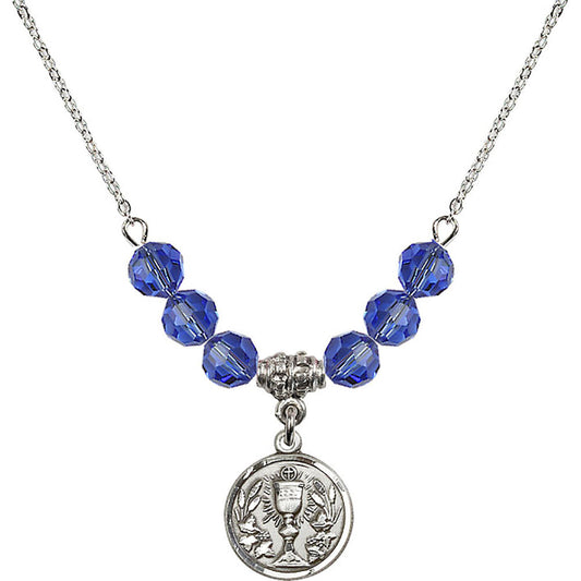 Sterling Silver Communion Chalice Birthstone Necklace with Sapphire Beads - 4203