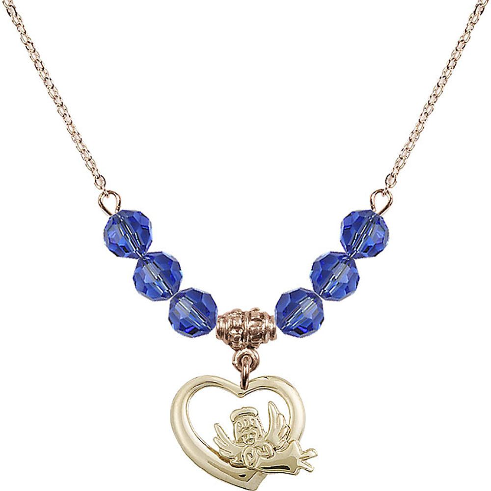 14kt Gold Filled Heart / Guardian Angel Birthstone Necklace with Sapphire Beads - 4206