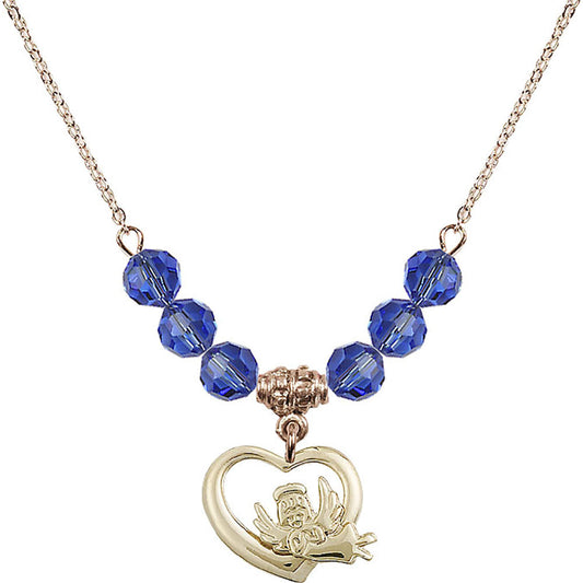 14kt Gold Filled Heart / Guardian Angel Birthstone Necklace with Sapphire Beads - 4206