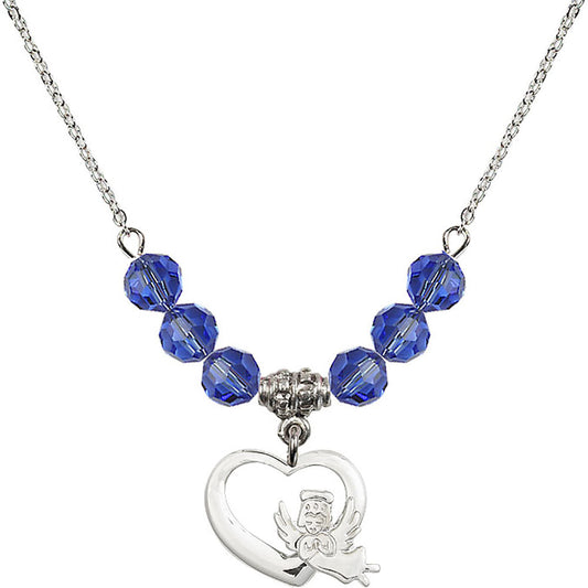 Sterling Silver Heart / Guardian Angel Birthstone Necklace with Sapphire Beads - 4206