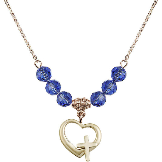 14kt Gold Filled Heart / Cross Birthstone Necklace with Sapphire Beads - 4207
