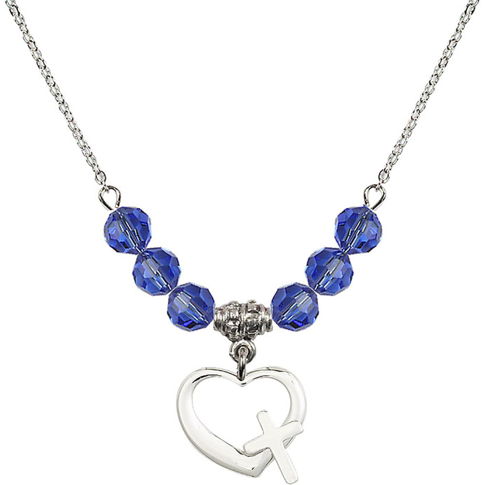 Sterling Silver Heart / Cross Birthstone Necklace with Sapphire Beads - 4207