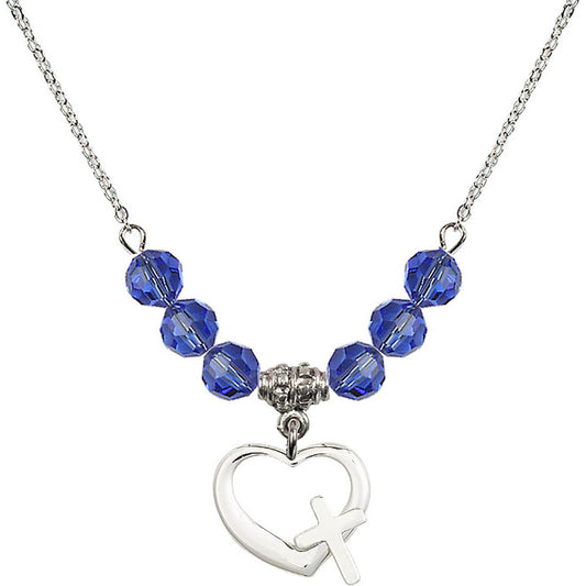 Sterling Silver Heart / Cross Birthstone Necklace with Sapphire Beads - 4207