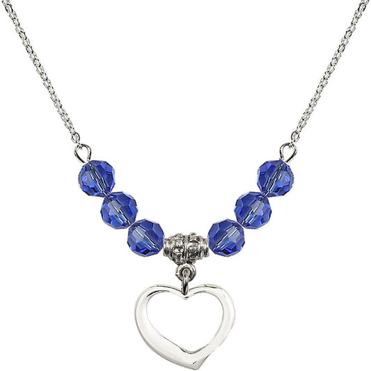 Sterling Silver Heart Birthstone Necklace with Sapphire Beads - 4208