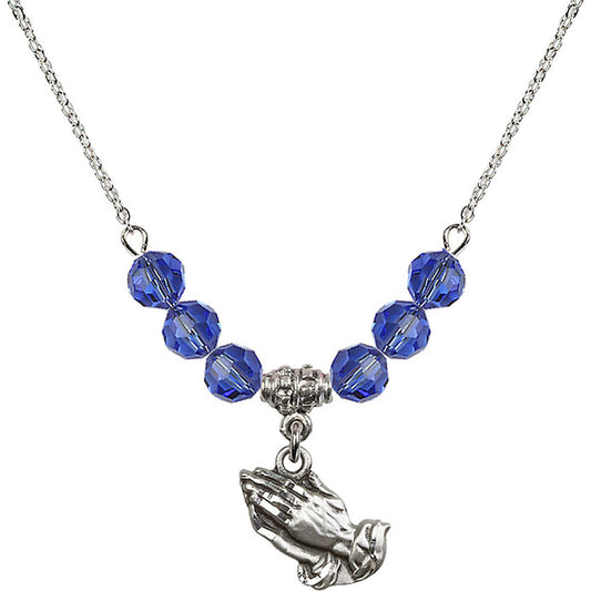 Sterling Silver Praying Hands Birthstone Necklace with Sapphire Beads - 4219