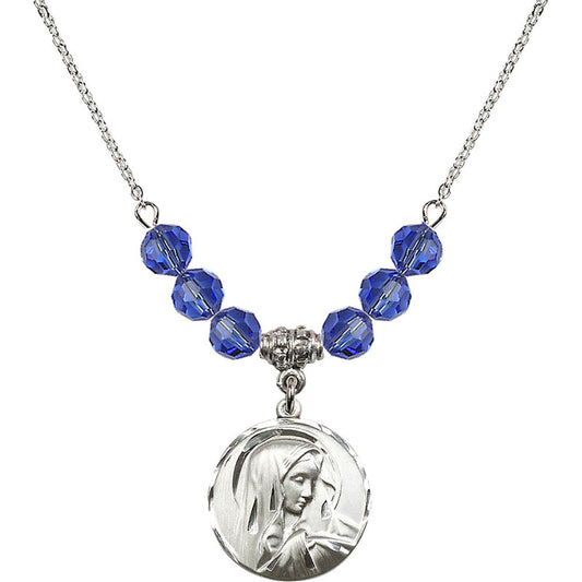 Sterling Silver Sorrowful Mother Birthstone Necklace with Sapphire Beads - 4249