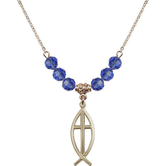 14kt Gold Filled Fish / Cross Birthstone Necklace with Sapphire Beads - 4252