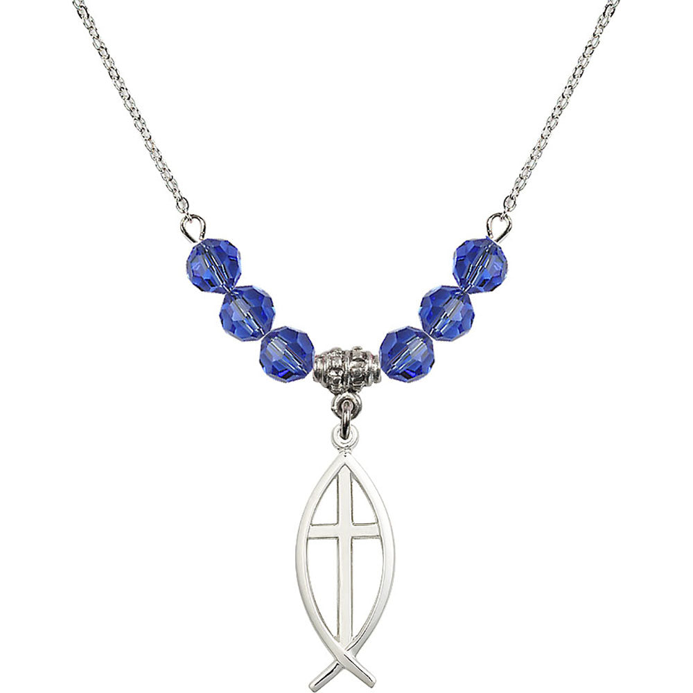 Sterling Silver Fish / Cross Birthstone Necklace with Sapphire Beads - 4252