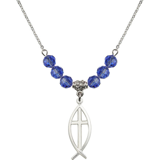 Sterling Silver Fish / Cross Birthstone Necklace with Sapphire Beads - 4252