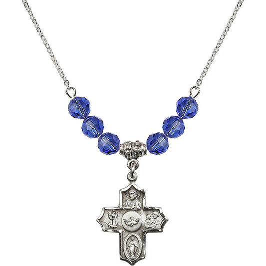 Sterling Silver 5-Way Birthstone Necklace with Sapphire Beads - 4255