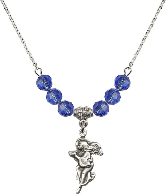 Sterling Silver Guardian Angel Birthstone Necklace with Sapphire Beads - 4260