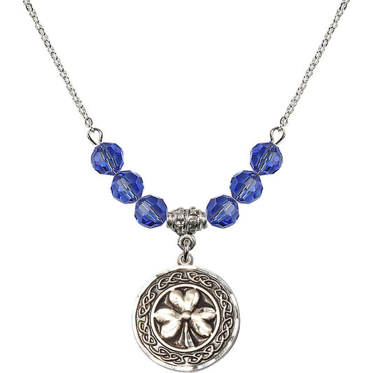 Sterling Silver Shamrock w/ Celtic Border Birthstone Necklace with Sapphire Beads - 5106