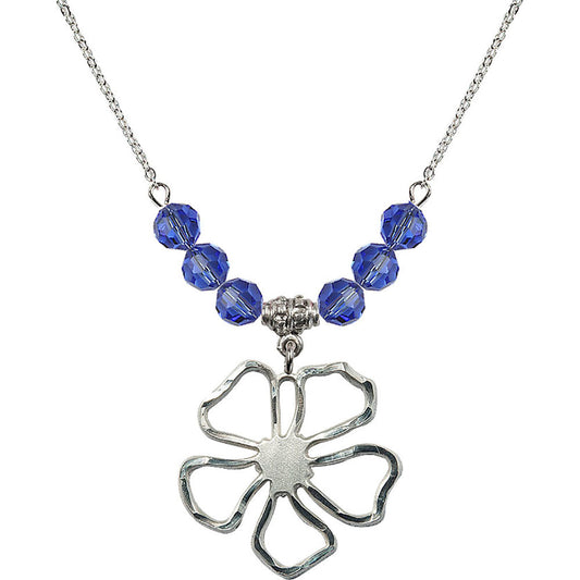 Sterling Silver Five Pedal Flower Birthstone Necklace with Sapphire Beads - 5109