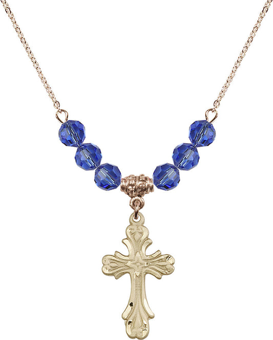 14kt Gold Filled Cross Birthstone Necklace with Sapphire Beads - 5419