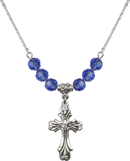 Sterling Silver Cross Birthstone Necklace with Sapphire Beads - 5419